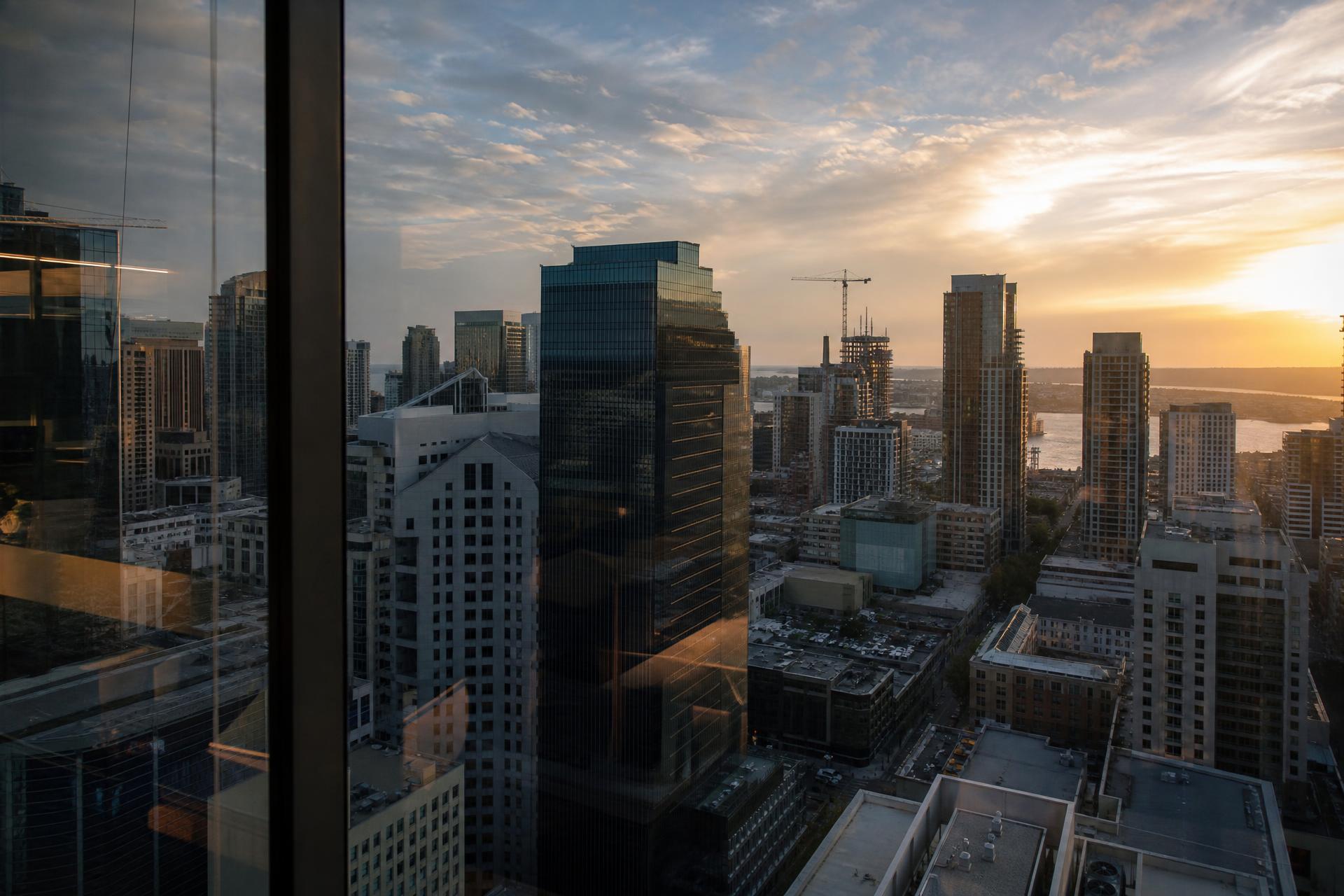 Commercial skyline at dusk